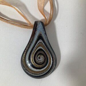 Dichroic Glass Choker Necklace Black‎ Silver Gold Swirls 8"